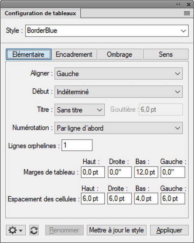 Configuration de tableaux dans Adobe FrameMaker