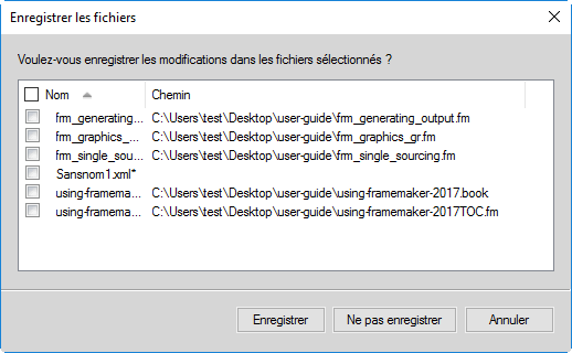 Boîte de dialogue Enregistrer les fichiers dans FrameMaker