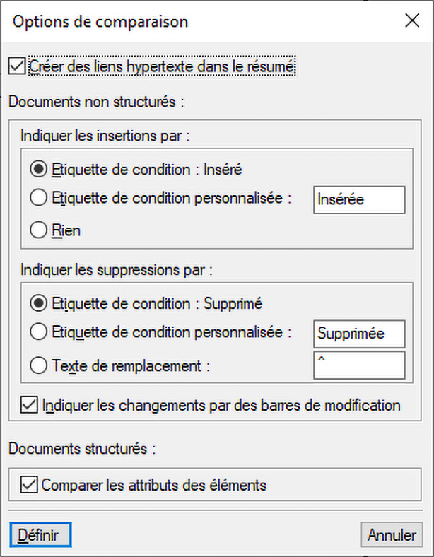 Boîte de dialogue Options de comparaison dans Adobe FrameMaker