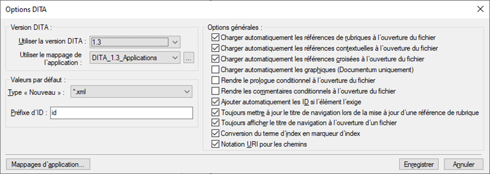 Configuration des options dans la boîte de dialogue Options DITA de FrameMaker