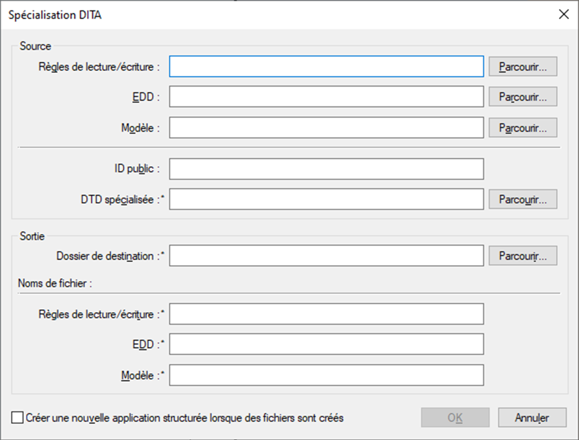 Conversion automatique de fichiers de base en fichiers spécialisés à l’aide de la boîte de dialogue Spécialisation DITA