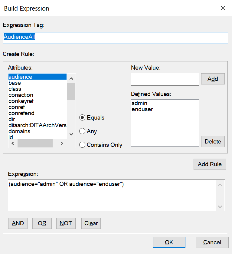Boîte de dialogue Créer une expression dans Adobe FrameMaker