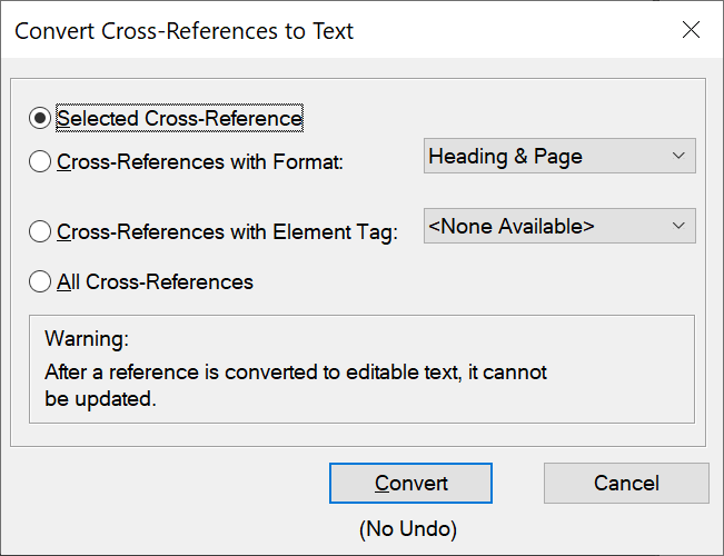 Boîte de dialogue Convertir la référence croisée en texte dans Adobe FrameMaker