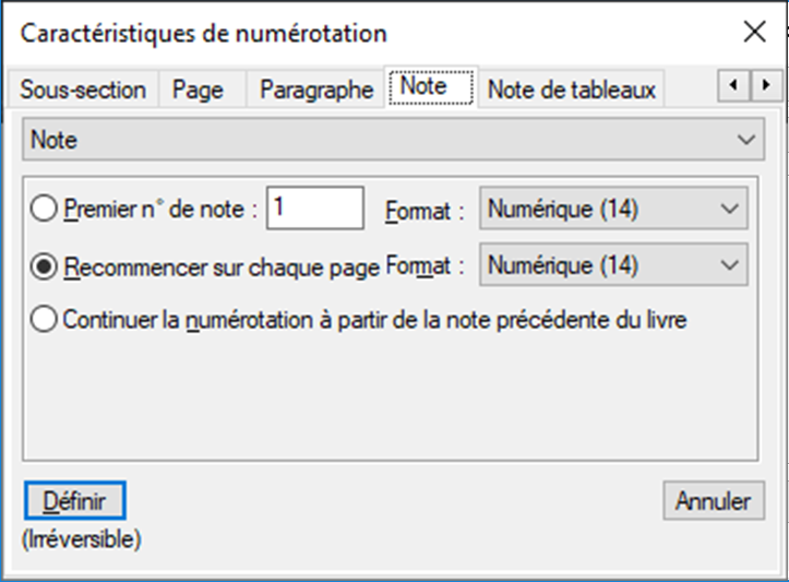Boîte de dialogue Caractéristiques de numérotation dans Adobe FrameMaker