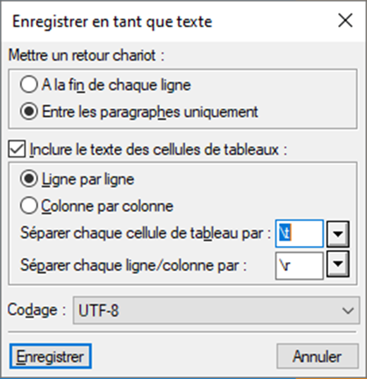 boîte de dialogue FrameMaker Enregistrer en tant que texte