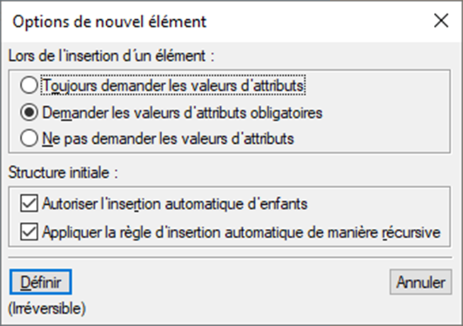 Boîte de dialogue Options de nouvel élément dans Adobe FrameMaker.