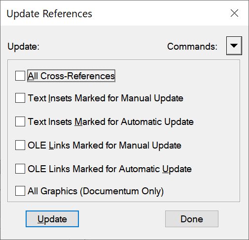 Boîte de dialogue Mettre à jour les références dans Adobe FrameMaker