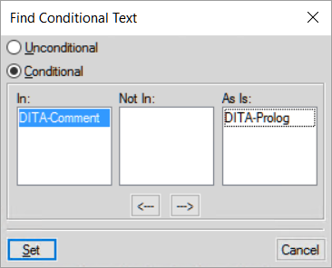 Boîte de dialogue Chercher du texte conditionnel dans FrameMaker