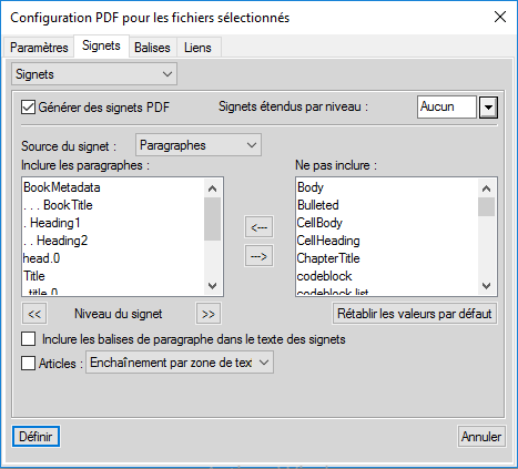 Personnalisation des signets PDF dans l’onglet Signets de la boîte de dialogue Configuration PDF