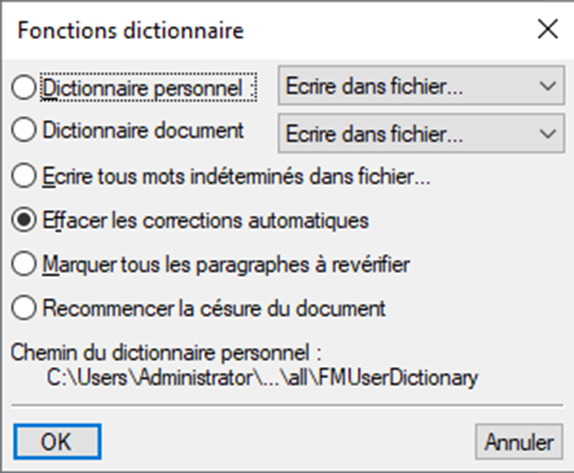 Boîte de dialogue Fonctions Dictionnaire dans FrameMaker