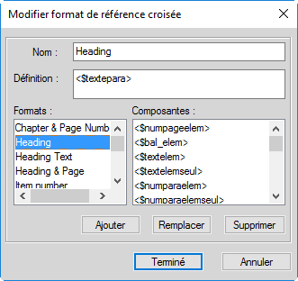Modifier la boîte de dialogue Références croisées dans FrameMaker