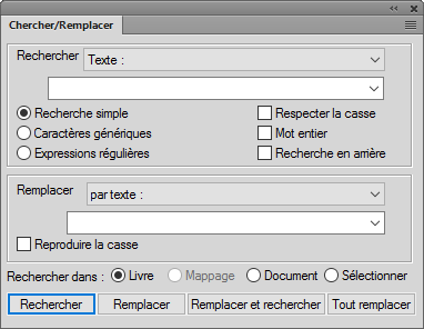 Boîte de dialogue Rechercher/Remplacer dans FrameMaker