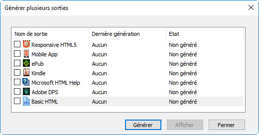 Boîte de dialogue Générer plusieurs sorties montrant les formats de sortie disponibles dans Adobe FrameMaker