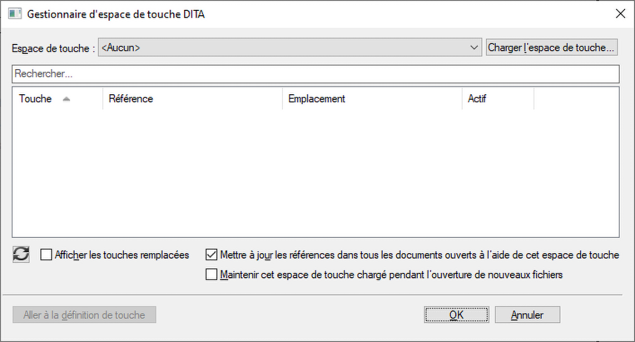 Boîte de dialogue Gérer l’espace de touche à l’aide du Gestionnaire d’espace de touche DITA