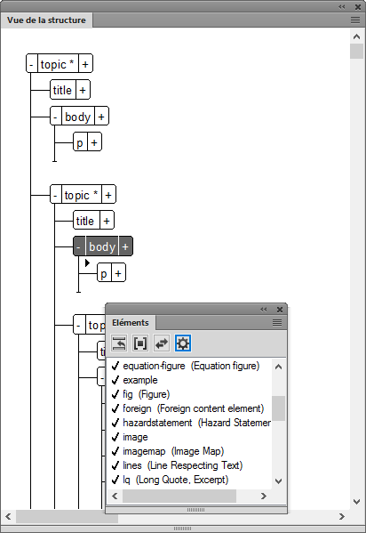 Vue de la structure et Catalogue d’éléments affichant un élément de ligne valide dans le Catalogue d’éléments d’Adobe FrameMaker.