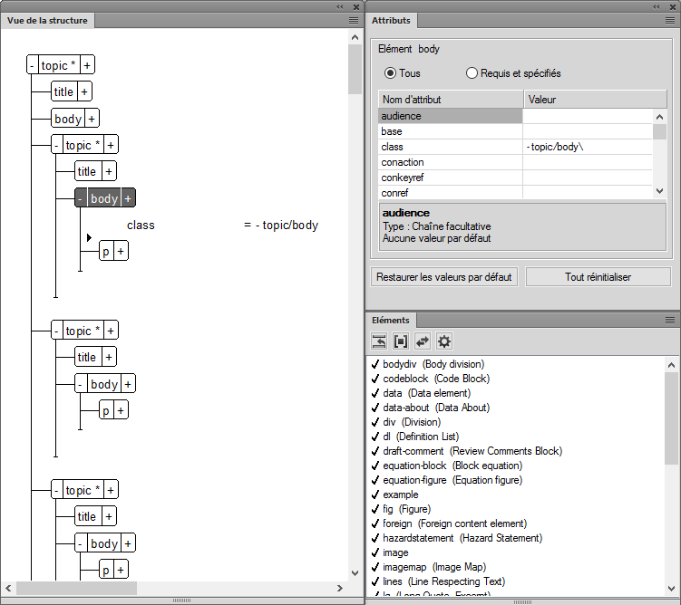 Panneaux Vue de la structure, Eléments et Attributs dans l’interface de création de contenu de FrameMaker structuré