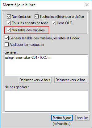 Mise à jour de mini-table des matières dans la boîte de dialogue Mettre à jour le livre dans FrameMaker