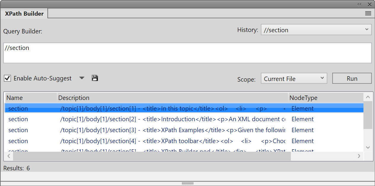 Panneau XPath Builder dans FrameMaker