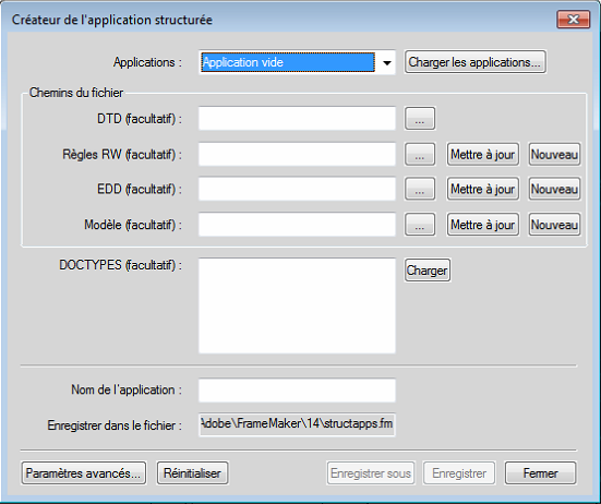 Utilisation de la fenêtre Configuration d’applications structurées dans FrameMaker