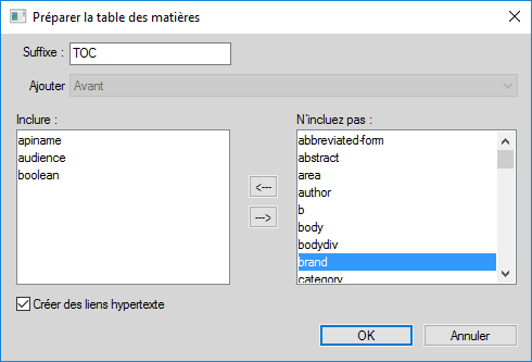 Configuration de la boîte de dialogue Table des matières dans FrameMaker