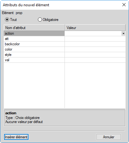 Boîte de dialogue Attributs d'un nouvel élément