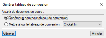 Boîte de dialogue Générer tableau de conversion