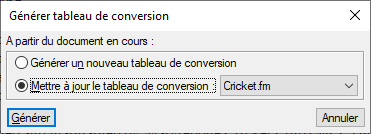 Boîte de dialogue Générer tableau de conversion