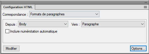 Boîte de dialogue Configuration HTML de FrameMaker