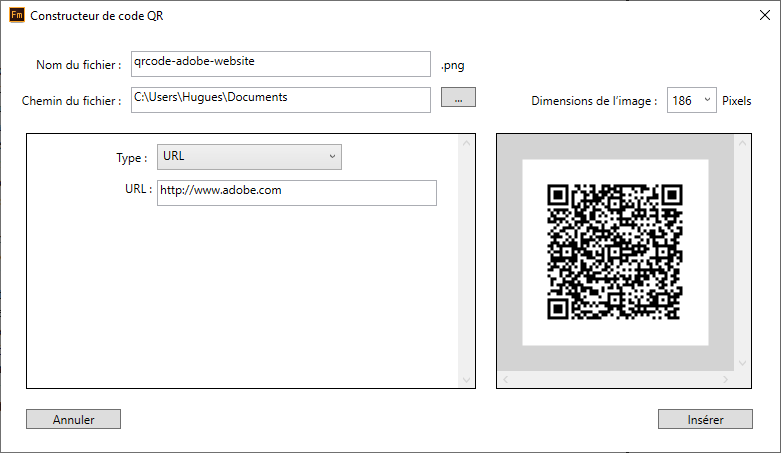 Constructeur de code QR dans Adobe FrameMaker