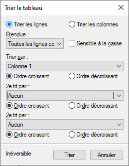 Boîte de dialogue Trier le tableau dans Adobe FrameMaker