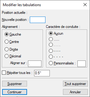 Boîte de dialogue Modifier les tabulations