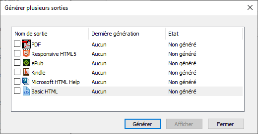 Boîte de dialogue Générer plusieurs sorties montrant les formats de sortie disponibles dans Adobe FrameMaker