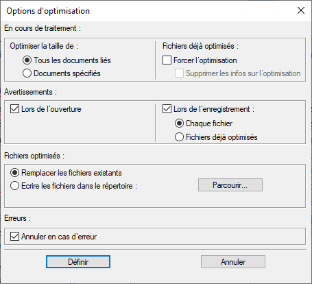 Boîte de dialogue Options d’optimisation dans FrameMaker