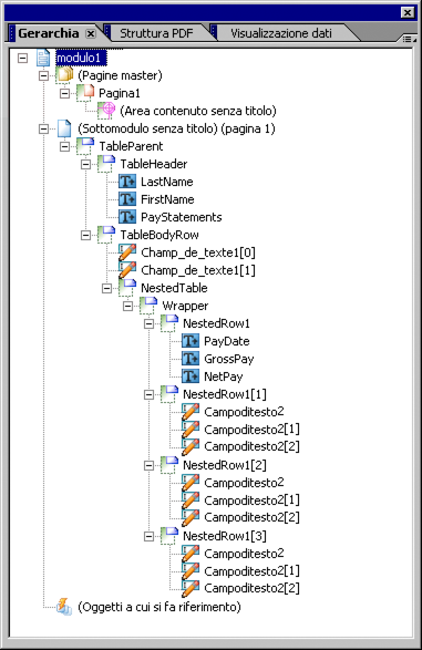 Nella palette Gerarchia vengono visualizzate la tabella nidificata, nonché le righe e i campi nidificati.