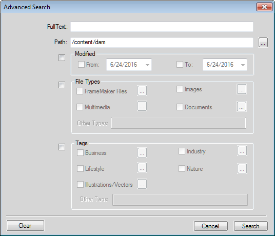 リポジトリマネージャーのAEM詳細検索ダイアログ