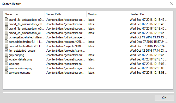 検索結果が表示された検索結果ダイアログ