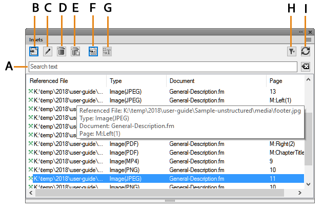 インセントパネルを使用して外部ソースのコンテンツを FrameMaker 文書に挿入する インセットパネル