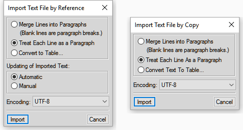 参照してテキストファイルを取り込むダイアログおよびコピーしてテキストファイルを取り込むダイアログ
