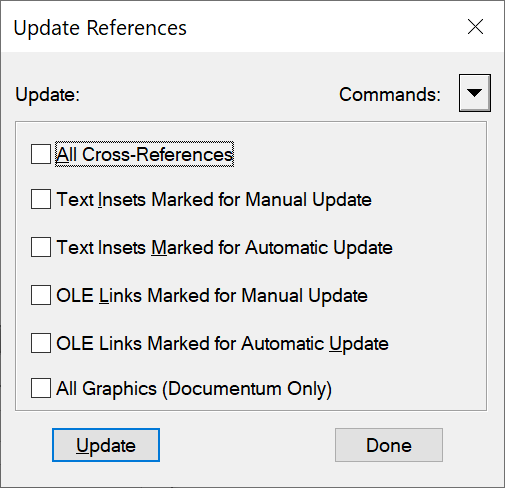 Adobe FrameMaker の参照を更新ダイアログ