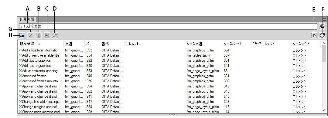 FrameMaker の相互参照パネル