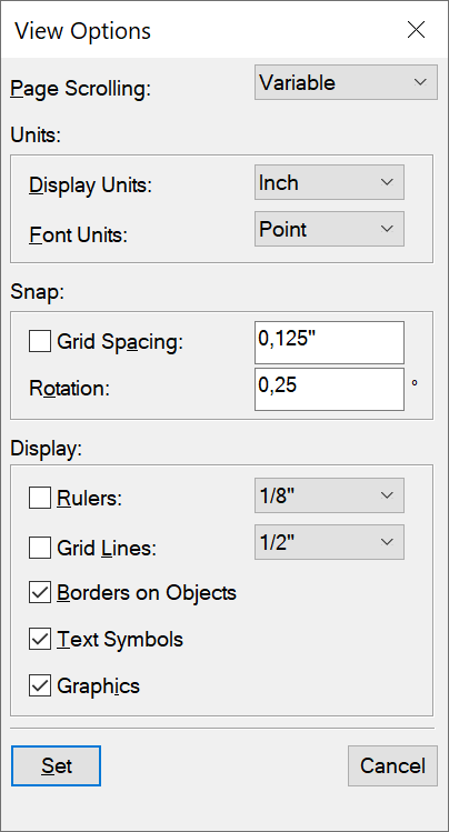 Adobe FrameMaker の「表示オプション」ダイアログ