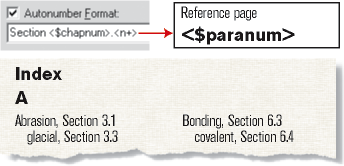 「Section」（節）のテキストと番号を使用した段落の自動番号の構成要素と、生成された索引