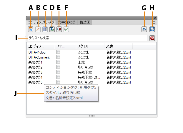 FrameMaker のコンディショナルタグパネル