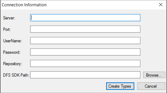 Adobe FrameMaker の .dar ファイルインストールユーティリティの接続情報ダイアログ