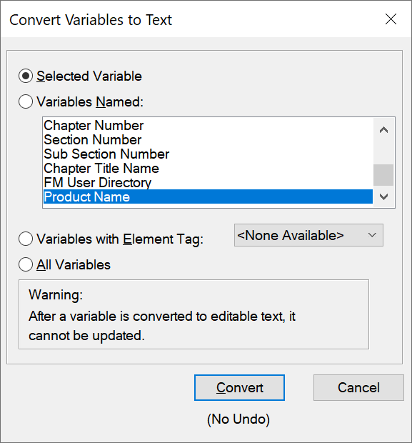 Adobe FrameMaker の変数をテキストに変換ダイアログ