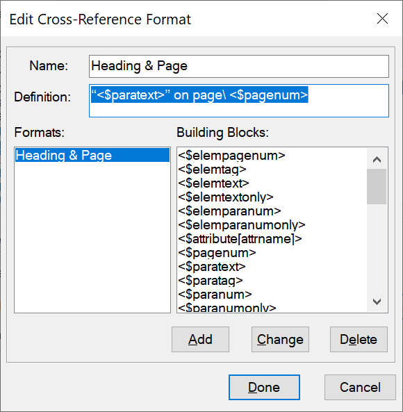 Adobe FrameMaker の相互参照の書式を編集ダイアログ