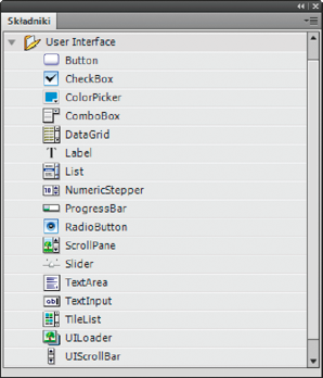 Składniki interfejsu użytkownika i składniki wideo na panelu Składniki