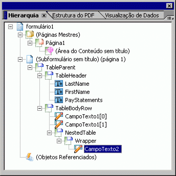 Paleta Hierarquia mostrando a célula original onde o subformulário aninhado foi criado.
