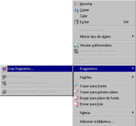Gráfico mostrando o comando Criar fragmento.