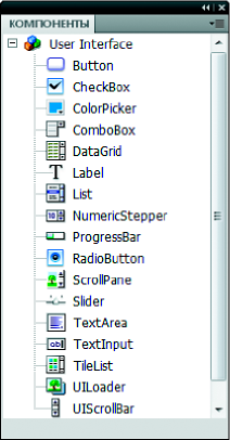 Компоненты пользовательского интерфейса и видео на панели «Компоненты»